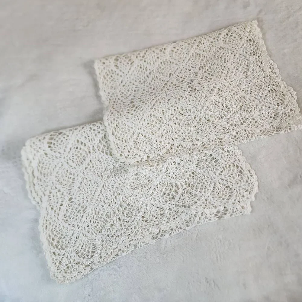 Vintage Crocheted Set of Two White Table Runners